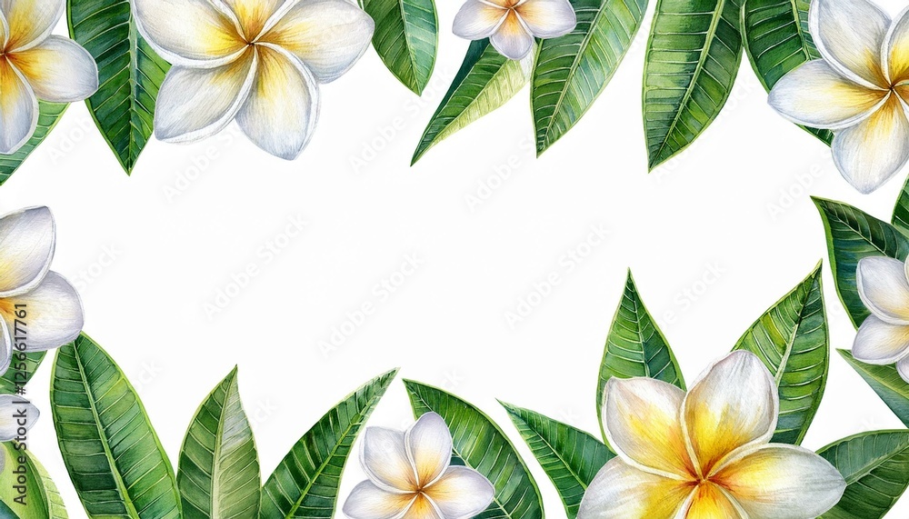 Wall mural watercolor frame with realistic tropical illustration of plumeria flowers with leaves isolated on white background beautiful botanical hand painted frangipani clip art for designers spa decoration