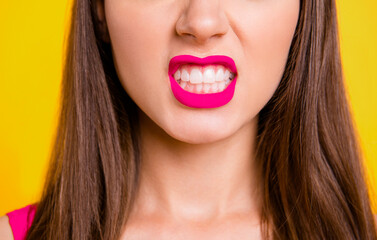 Cropped close up view photo portrait of pretty beautiful angry pretty sexual tempting charming rosy...