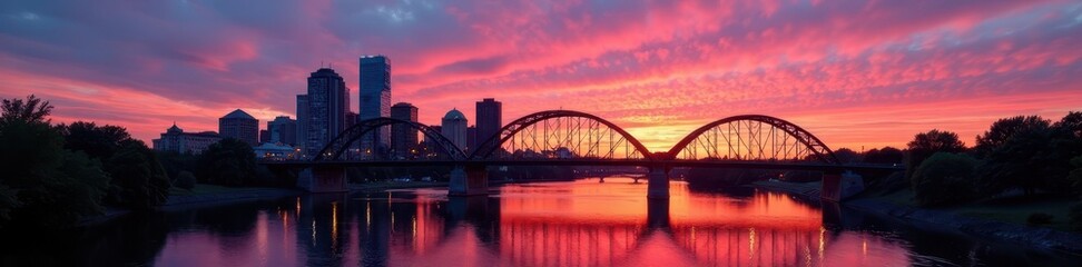 Naklejka premium Dusk over Minneapolis; Stone Arch Bridge silhouette against vibrant sky , image, design, twilight