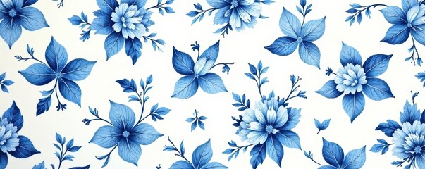 Delicate blue toile floral pattern; intricate vintage French design, elegant, textile