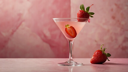 A romantic pink cocktail served in an elegant martini glass, garnished with a  strawberry slice