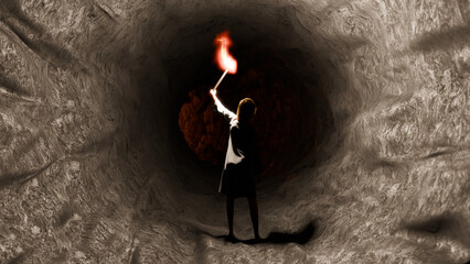 3d render of woman looking down a dark cave with a lit torch.