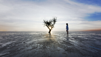 3d render of a single tree in a large desolate area.  There is a woman close by looking at the tree.