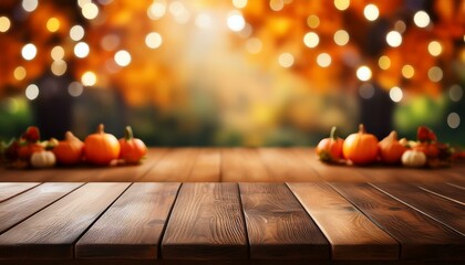 empty dark wood table top with blurred bright thanksgiving background ai generated
