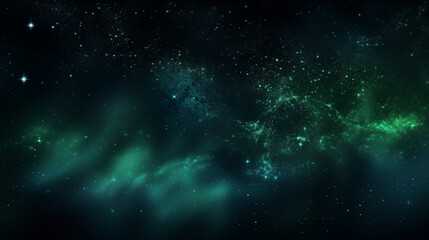 Obraz premium Particules scintillantes et brillantes volant sur fond sombre, noir. Lumière verte, paillettes dorées, argentées et flou. Fond pour bannière, création graphique