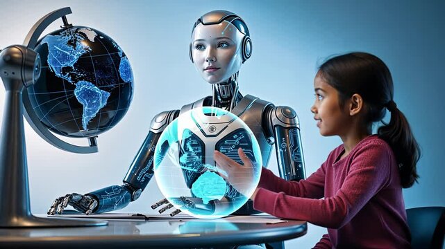A child engages with a robot to learn more about the world around them