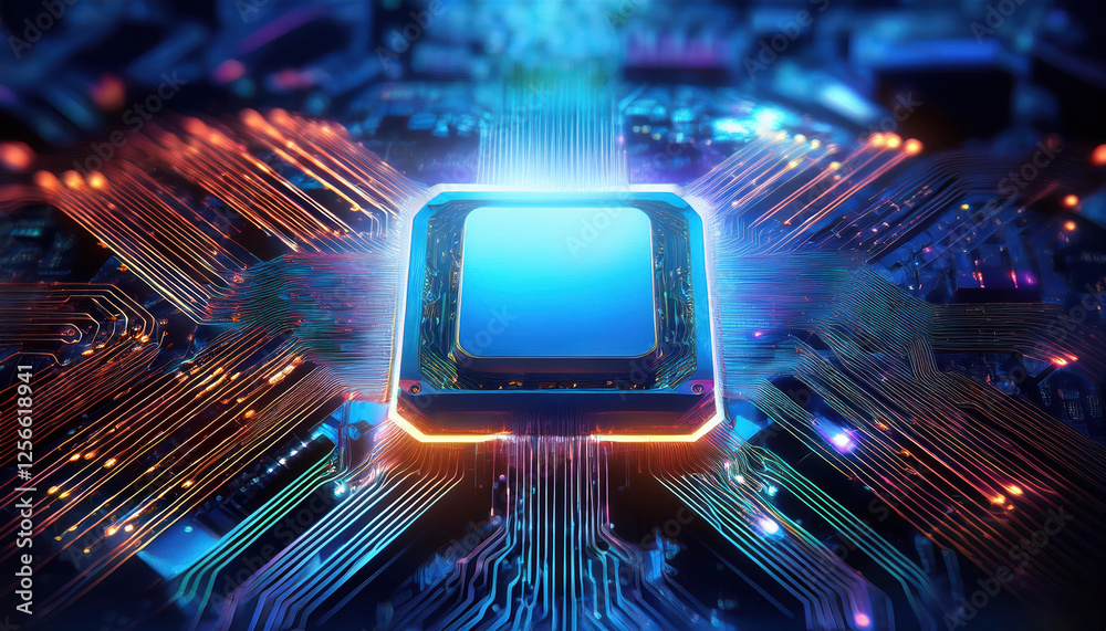 Poster glowing ai processor at center of vibrant circuits and neural networks, showcasing advanced technolo