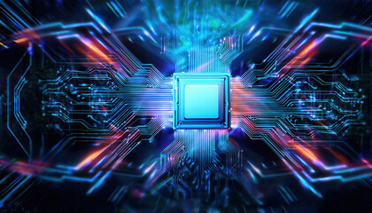 glowing AI processor center of vibrant holographic circuits and neural networks, showcasing advanced technology and innovation