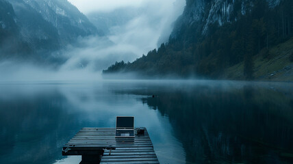 A laptop sits on a dock overlooking a misty lake, symbolizing the peace and inspiration that comes from remote work in a serene, natural setting.