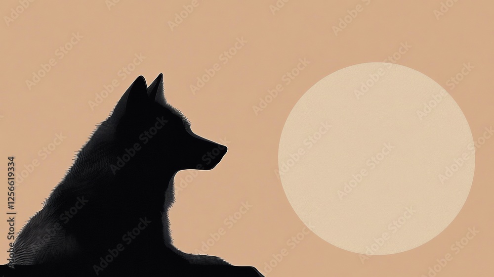 Aufkleber minimalist wolf silhouette against a full moon background with space for text and calm night atmosph