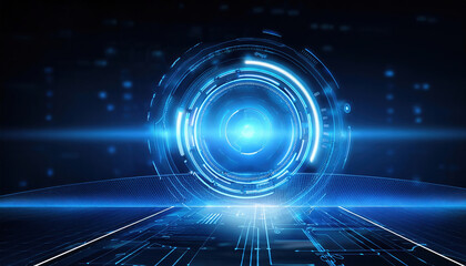 Futuristic glowing interface with circular design and digital elements