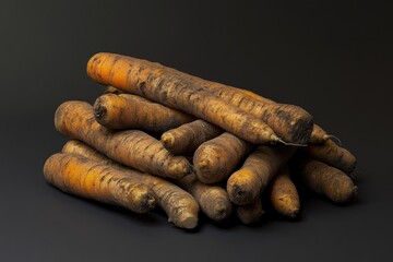 A Still Life Study of a Pile of Long,  Russet-Colored Carrots, Capturing Their Natural Imperfections in a Dark Studio Setting.