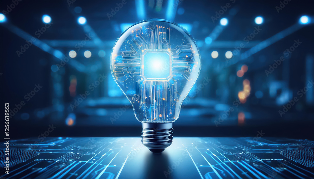 Poster glowing lightbulb with ai circuits and neural connections in futuristic setting