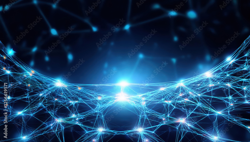 Poster glowing neural network in dark high tech background with interconnected nodes creates mesmerizing vi