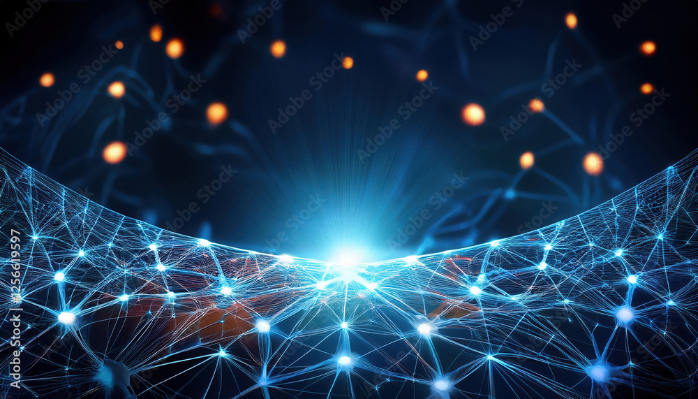 Poster glowing neural network with interconnected nodes in dark background