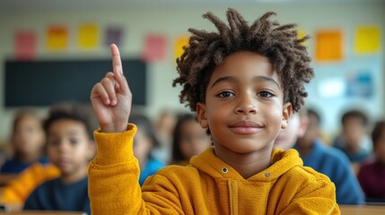 Young boy in a classroom raising his hand to answer a question, with classmates engaged in learning