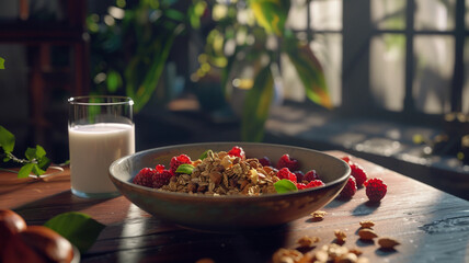 A bowl of fresh berries, nuts, and granola is paired with almond milk on a wooden table. The serene setup, bathed in natural light, underscores the importance 