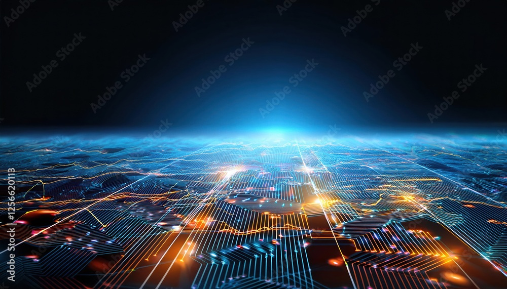 Poster dynamic glowing pathways with interconnected nodes in futuristic tech environment