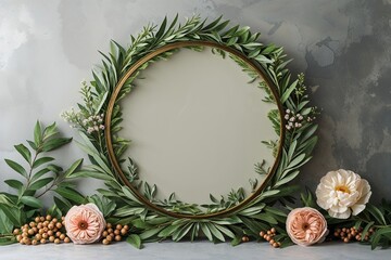 Fototapeta premium Sophisticated Round Botanical Frames Featuring Laurel Wreaths and Floral Accents