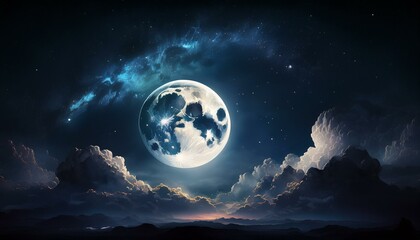 amazing scenery of white glowing moon with craters in black sky with clouds at night