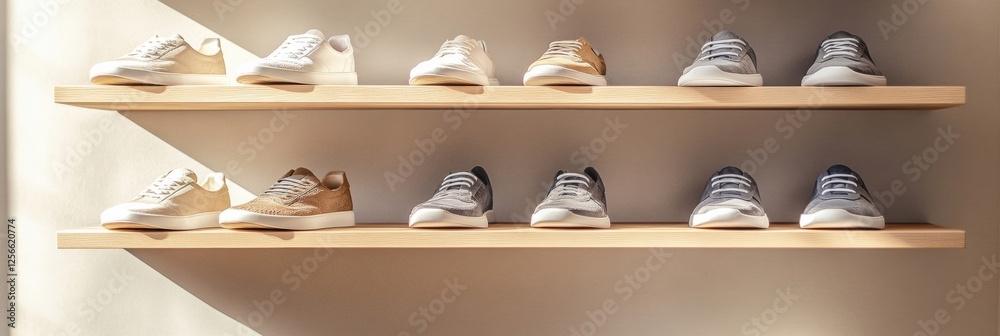 Poster Stylish minimalist shoe shelf showcasing neatly arranged sneakers in a modern space. Generative AI