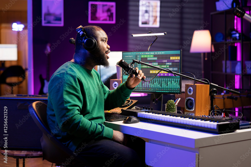 Aufkleber artist composer recording a new track on his home studio microphone, editing his song with professio
