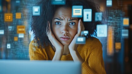 Frustrated online user facing cybersecurity issues. Featuring a warning message on a computer