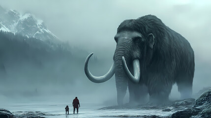 Prehistoric encounter ancient human facing woolly mammoth in misty landscape. Ancient Ice Giants. Illustration