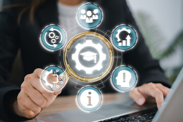 Visual representation of knowledge management with digital icons, highlighting business strategy and innovation in modern organizations.