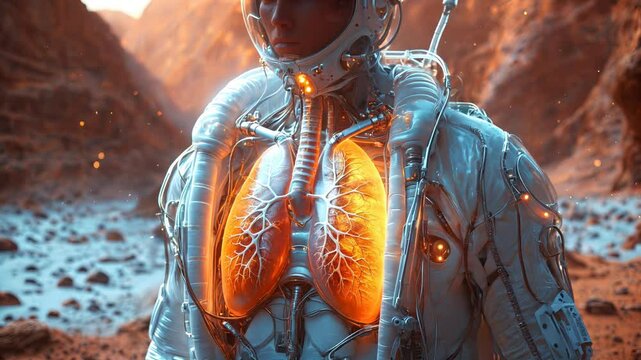 Life support on a hostile world. An astronaut's suit, with glowing lungs, underscores the technological advancements needed for space colonization.