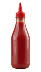 Red plastic ketchup bottle with no label, featuring a squeeze tip for easy dispensing, commonly used in kitchens and restaurants. Isolated on transparent backgroun