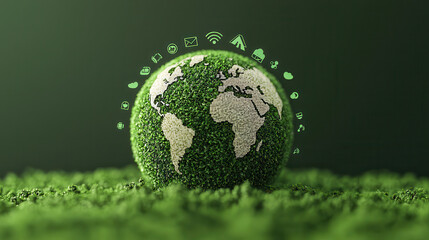 Sustainable earth symbolizing global connectivity and environmental awareness, surrounded by green foliage and digital icons representing communication and technology