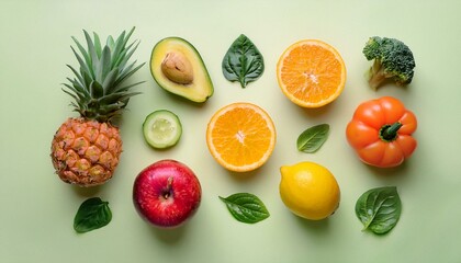 creative neatly arranged food layout with fruits vegetables and leaves on bright background minimal healthy food concept flat lay