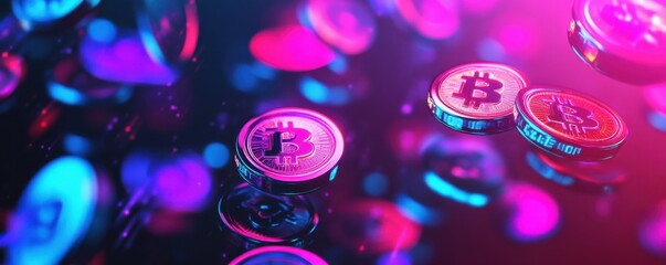 Vibrant bitcoin coins in neon light - cryptocurrency and finance concept