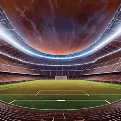 Empty Arena: A captivating view inside a grand stadium, meticulously rendered with rows of seats, and a well-maintained field under an unique, cinematic atmosphere, evoking anticipation.
