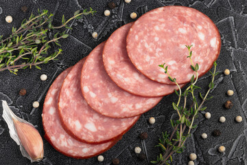 sliced ​​round pieces of sausage, top view