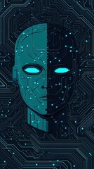 A digital humanoid face is split in half, with one side featuring a circuit pattern and glowing blue eyes, symbolizing the blend of technology and humanity.