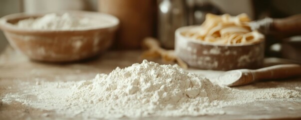 Rustic kitchen scene with flour and fresh pasta on wooden table