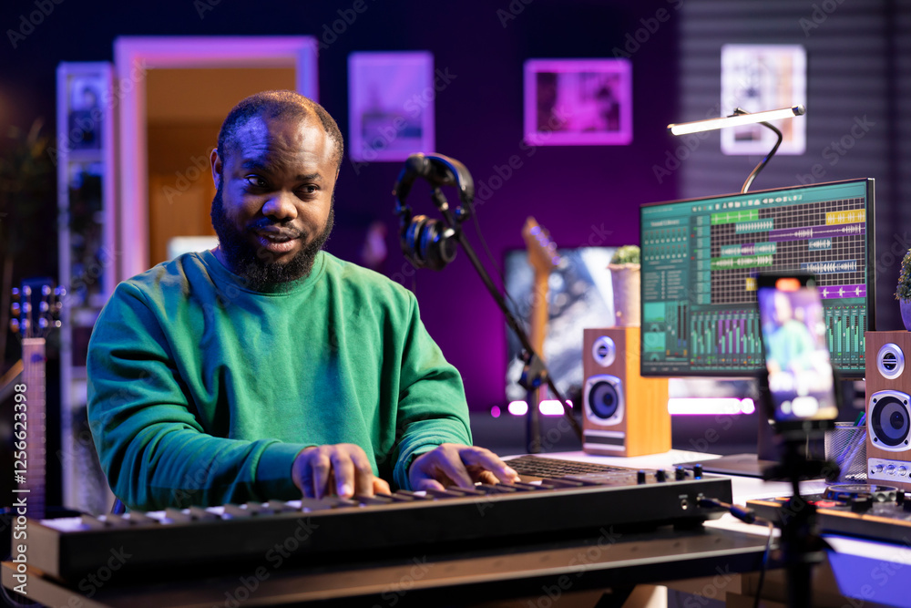 Leinwandbilder Artist songwriter hosting online master class to teach piano lessons on internet vlog, explaining electronic keyboard notes in his home studio. Young composer playing on synthesizer, recording video.