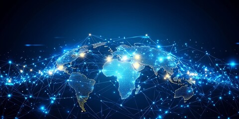 Global Network Connections With Glowing Dots, Polygonal Connections On a Dark Blue Background