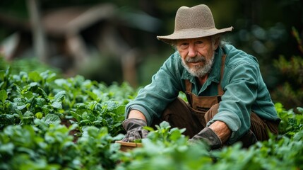 Elderly farmer tending to lush green vegetable garden, showcasing dedication to sustainable agriculture