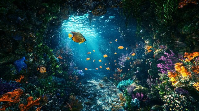 Dynamic scene of colorful tropical fish swimming through an underwater cave, soft light penetrating through the entrance, mysterious mood