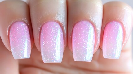 Obraz premium Closeup of manicured nails with pink and white glitter polish