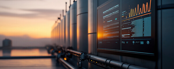 Futuristic hydrogen production facility with advanced technology and sunset. scene showcases sleek panels displaying data and graphs, emphasizing innovation and sustainability