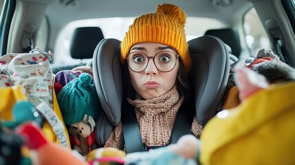 Frustrated parent struggling with an unreliable car seat. Featuring a messy backseat filled with baby gear
