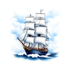 Elegant Sailing Ship with White Sails Navigating Clear Blue Ocean Waves Under Bright Sky