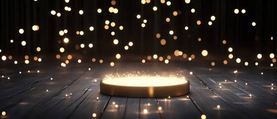 Obraz premium A glowing circle sits on a wooden surface, surrounded by floating lights, creating a magical and enchanting atmosphere.