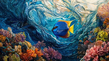 Underwater perspective of blue tang fish surrounded by swirling currents, vivid coral reefs, and a gradient of blue water tones