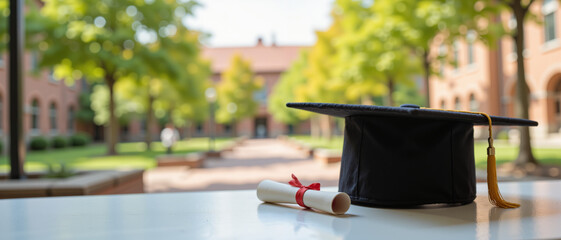 Graduation cap and diploma on a table in a sunny courtyard conveying achievement and future opportunities