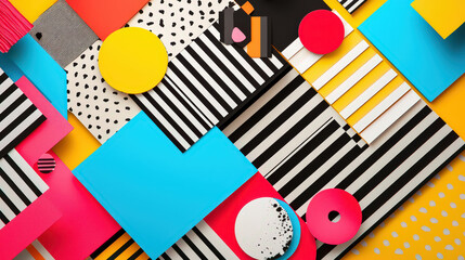 Fototapeta premium Abstract geometric shapes collage. Vibrant colorful squares, circles, and stripes create a dynamic pattern.